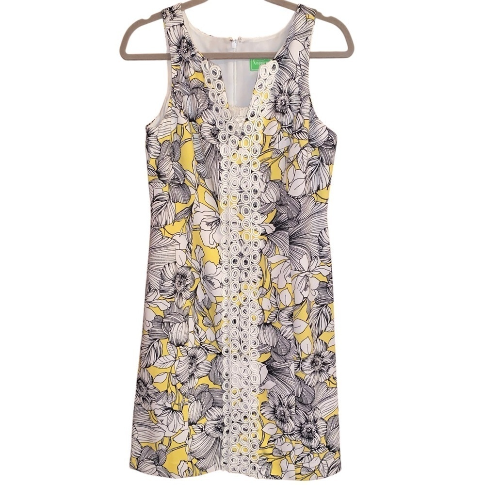 PAPPAGALLO Sheath Embroidered Sleeveless Midi Dress Yellow Black Size 6 - Picture 2 of 11